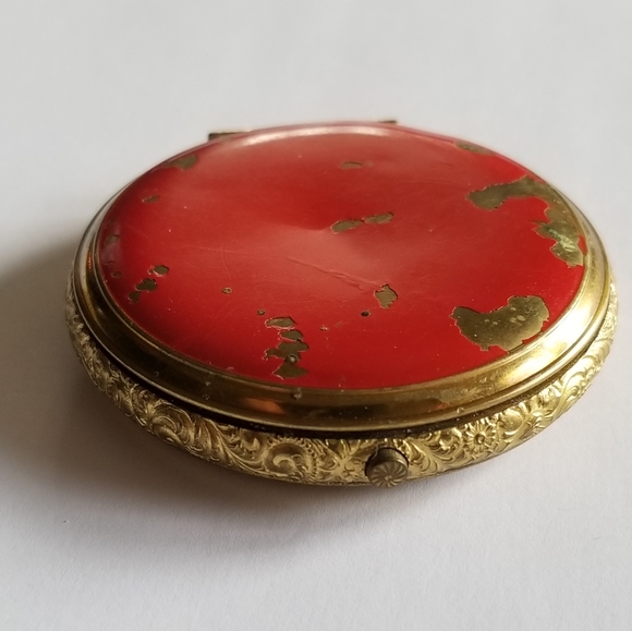 Vintage Elgin compact red enamel gold tone powder puff - Picture 1 of 11